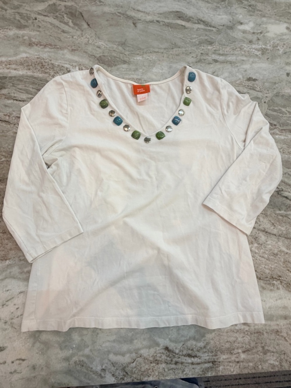 Hearts of Palm M Embellished Top Cream Beaded Neckline 3/4 Sleeve Womens